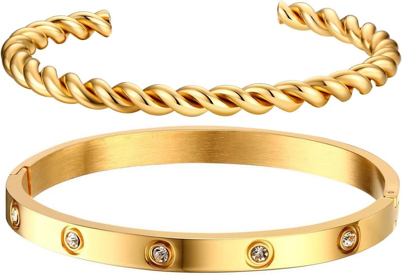 MPRAINBOW Gold Bracelets for Women, 2Pcs 18K Gold Plated Cubic Zirconia Bangle Crystal Friendship Bracelet Jewelry,Wedding Party Christmas Birthday Gifts for Her Girlfriend Sister Daughter - Image 1